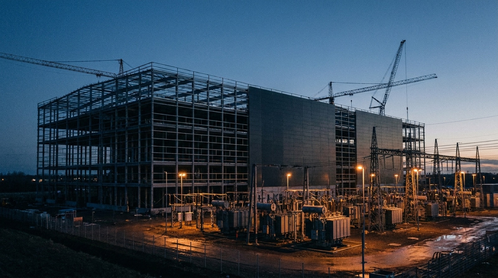An AI data center under construction at dusk, steel frame partly clad, transformer yard and cranes silhouetted against a blue twilight sky