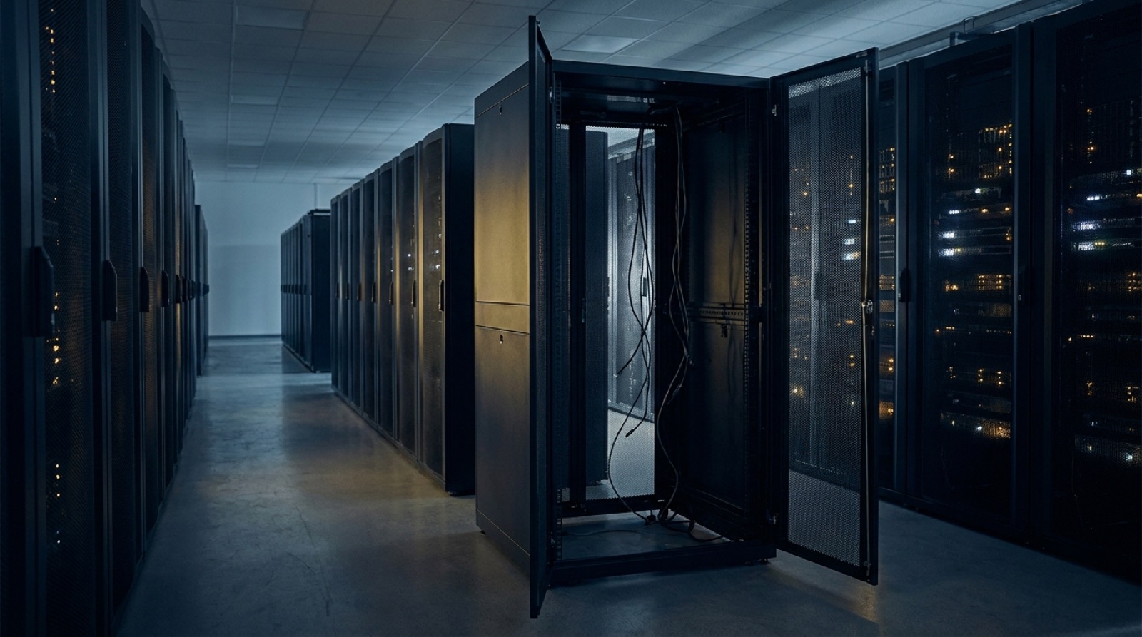 A dimly lit data center aisle lined with server racks, one rack in the foreground standing open and empty