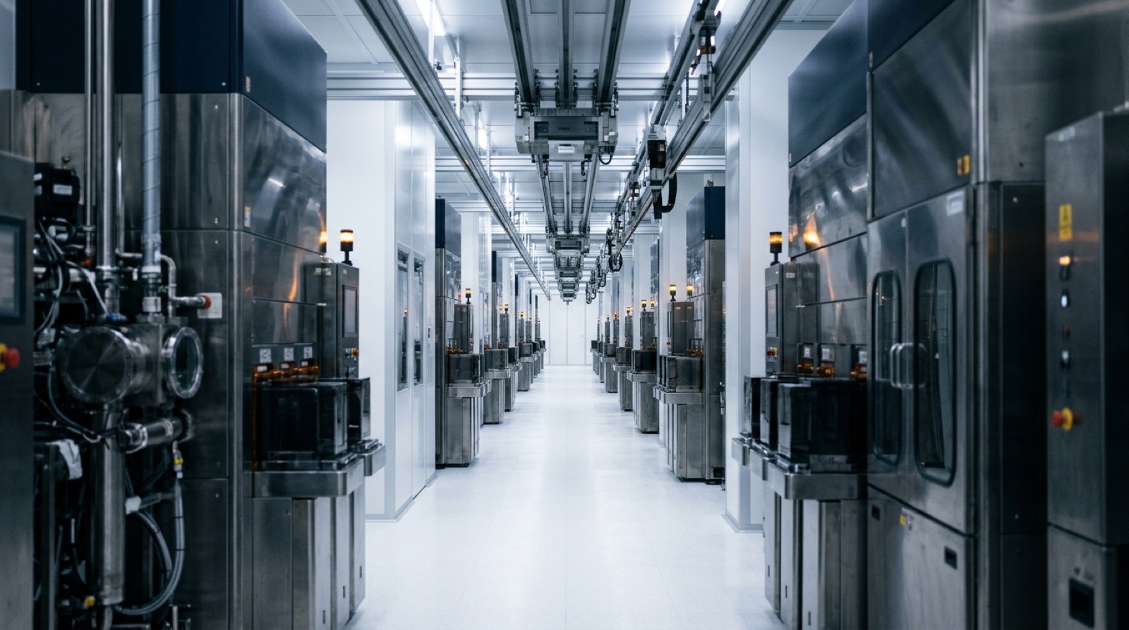 Interior corridor of a semiconductor fabrication cleanroom, lined with tall stainless-steel process tools under cold blue-grey light